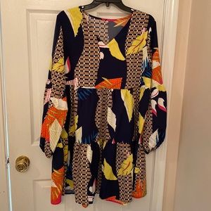 Long sleeve, multi-color, patterned, babydoll dress from Amazon.